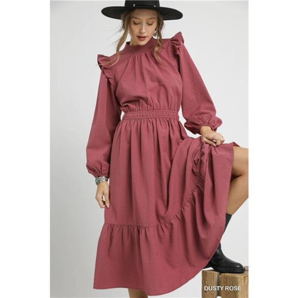 Umgee Textured Midi Dress with‎ Ruffle Shoulder Detail